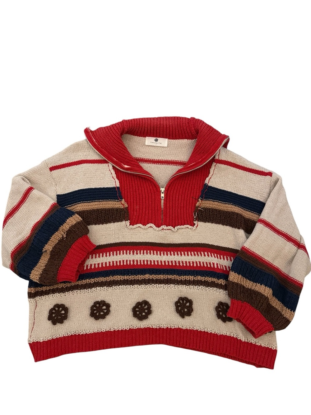 POL Oversized Half Zip Chenille Sweater - 
Red/Sand | Indie Boho Cottagecore | S